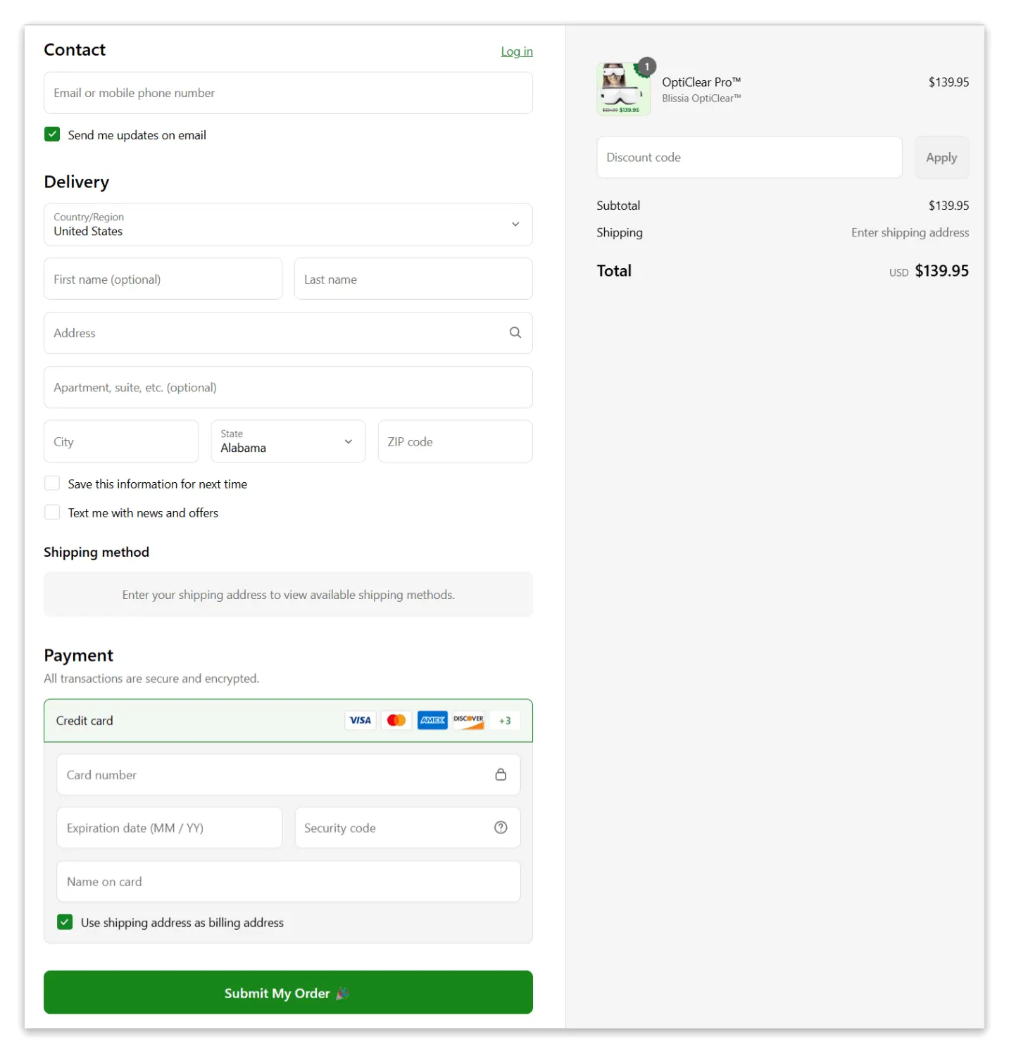 OptiClear Pro secure checkout page